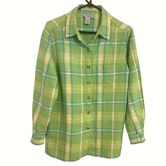 Real Comfort Tops - Oversized 100% Linen Plaid Button Down Shirt Small Coastal Green